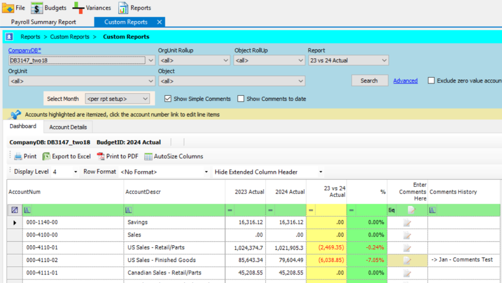 Dynamic Budgets Reporting Software Screenshot